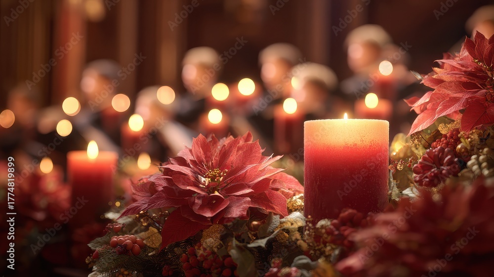 christmas candles and poinsettia flower with boy choir singing in background holiday celebration and performance
