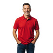 © sujon1638 - A smiling middle aged man wearing a red polo shirt and blue jeans with his hands in his pockets isolated on transparent background
