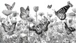 © Anna - A monochrome illustration portrays an expansive floral meadow dotted with numerous fluttering butterflies
