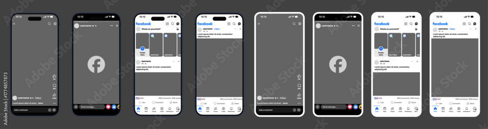 Facebook Mobile UI Mockup with reels, stories, timeline, messages ...
