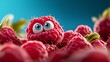 © silver bug - A cute raspberry with big eyes and a smile peeks out from a pile of berries. The image radiates whimsy, charm, and playful creativity.