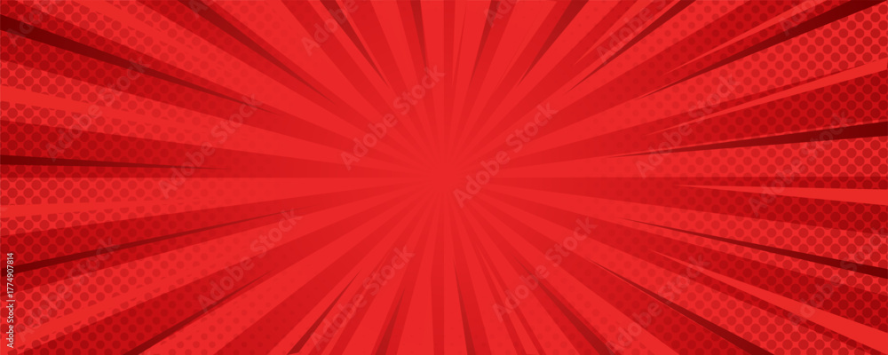Vibrant red comic book sunburst background with radial rays and ...