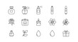 © Melea - Minimalistic thin line icons set representing perfume bottles, rose, candle, flower, leaves, drops, and gift box, perfect for web, graphic design, apps, banners, social networks, and cards, presented
