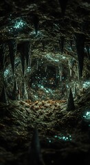  Dramatic cave interior with stalactites and glowing lights dark atmospheric environment