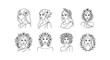 © Clang - Collection of eight elegant line art illustrations of women's faces adorned with various floral elements and laurel wreaths, presented as a cohesive set of vector cartoon icons on a clean white