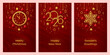 © iuriimotov - Christmas card set. Happy New Year 2026. Gold numbers 2026, snowflake, watch with Roman numeral and countdown midnight, eve for New Year. Hanging stars, baubles on red background. Vector illustration
