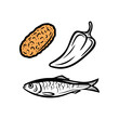 © sum - Illustration of tempeh, pepper, and fish on a white background.