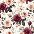 © btiger - Seamless pattern of blooming and budding roses in soft cream and rich burgundy shades with green and brown leaves on a light background
