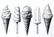 © mobile - Detailed black and white sketch of five different ice cream treats including three cones with soft serve and scoops, and two popsicles with wooden sticks, showing texture and shading