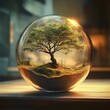 © Margarita - A small lush tree growing on a patch of grass and soil encapsulated inside a transparent glass sphere with warm sunlight reflecting off it on a wooden surface indoors