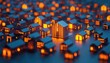 © Olya - Illuminated miniature metal houses with warm glowing orange lights creating a cozy and futuristic village atmosphere