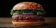 © Endri - Close-up of a juicy hamburger with sesame seed bun, fresh lettuce, purple onion slices, thick beef patty, and ketchup on a wooden surface against black background