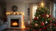 © reriyadi - Festive holiday ambiance with a glowing Christmas tree and a warm fireplace