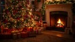 © reriyadi - Festive holiday ambiance with fireplace and a beautifully decorated christmas