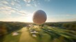 © Rumi X - A dynamic and cinematic shot of a white golf ball flying mid-air over a golf course during sunset. The blurred motion effect and expansive landscape amplify the sense of speed and action, encapsulatin