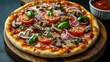 © zong - Freshly baked pizza topped with tomato slices, mushrooms, red onions, basil leaves, and melted cheese on a wooden board with a side of tomato sauce
