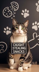  A tabby cat with a sign around its neck that says caught stealing snacks sits in front of a chalkboard