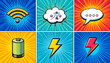 © Setyo Aaadi - A collection of vibrant pop art illustrations featuring modern technology icons like Wi-Fi, speech bubbles, battery power, and lightning bolts on a comic book style background