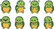 © Nur Creations - Cute turtle character emotions set, adorable cartoon sea turtle mascot, funny expressions for stickers, cad drawing flat vector illustration, kawaii