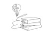 © pew - One single line drawing of shining light bulb with human brain above open text book logo identity.
