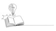 © pew - One single line drawing of shining light bulb with human brain above open text book logo identity.
