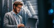 © LimeSky - IT specialist operates laptop in data center male admin manages cloud servers focusing on cybersecurity