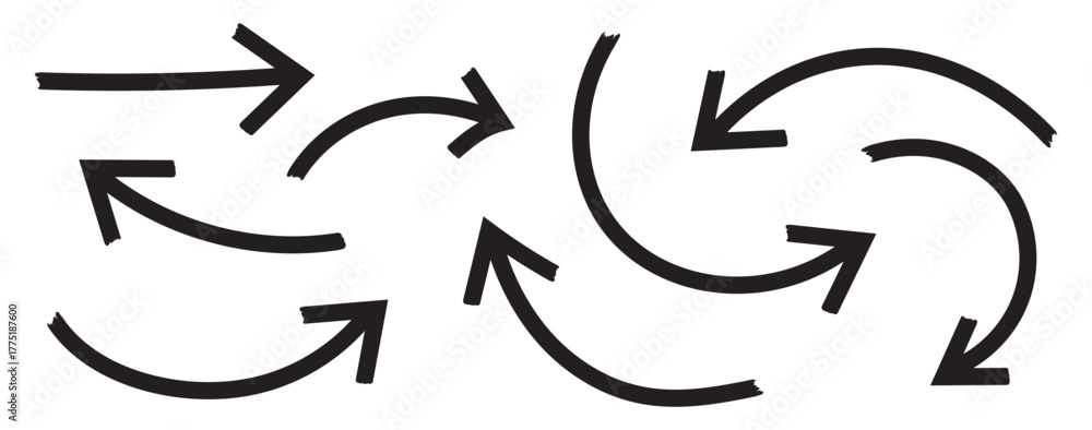 Set of hand drawn arrows. Curvy, wavy arrows. Hand drawn brush arrow set with crayon texture - curved and straight. Bold brush drawn arrows. marker drawn bold arrows set. Doodle arrow icon set. 