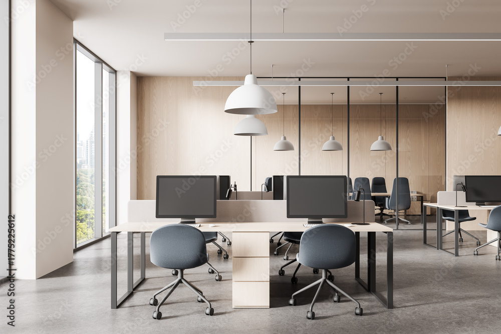 Modern open-plan office interior design with minimalist furniture ...