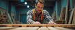 © Pete - Carpenter inspects wood in workshop. Shows craftsmanship, dedication to woodworking. Man demonstrates technique, expertise in joinery, furniture. Artisan works with lumber, hardware. Checks quality,