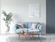 © Illustratorstock - Cozy, minimalist living room featuring a light blue sofa, nested coffee tables with wood and marble tops, and a muted blue vertical accent panel on a white wall, 3D rendering.