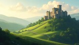 Ancient stone castle complex sits on verdant hill. Winding road leads to fortress. Misty mountains fade into distance under soft sky. Sunrise illuminates stone towers.