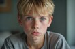 © Pete - Young blonde boy with bright blue eyes looks directly at camera. Freckles, slightly messy hair, like just woke up. Kid wears grey shirt. Serious, thoughtful face shows child ponders. Feels uncertain