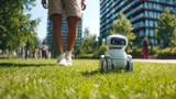 Cute robot with wheels on green city lawn accompanied by person in casual summer clothes