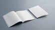 © MindRender - Two blank white open and closed brochure mockups on a grey background