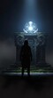 © Margarita Ratatosk - Silhouette of a man standing before an ancient altar with a glowing orb, symbolizing discovery of a hidden truth or forgotten power for fantasy art.