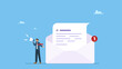 © Saklarboy - Businessman standing beside an email envelope announcing promotion through megaphone. Email marketing, CRM, subscription on web and sending email newsletter for discount or promotion information.
