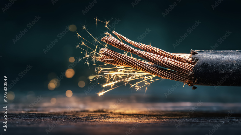 severed. Severed electrical cable with sparks from exposed copper wires ...