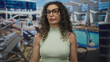 © Krakenimages.com - Woman with bare shoulders wearing glasses stands by pool with turquoise water and deck chairs in building; serenity.