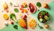 © Suparjo - Creative neatly arranged food layout with fruits, vegetables and leaves on bright background. Minimal healthy food concept. Flat lay.