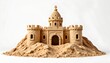 © MakeitEasy - An intricately crafted sandcastle resembling a castle with turrets and a central archway, situated within a sandy environment.