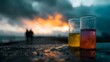 © Thares2020 - Two colorful beakers with liquids sit on a wet surface against a dramatic sunset sky with a blurred couple walking in the distance