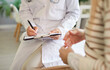 © Studio Romantic - Doctor writing in clipboard close up, female patient consulting woman gynaecologists, endocrinologists, private GP specializing in female care health, contraception, family planning in clinic