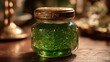 © Agi - Delicately Crafted Antique Jelly Jar Adorned with Subtle Green Glitter Particles Reflecting Ambient Light in a Mesmerizing, Nostalgic Festivity