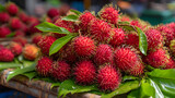 A vibrant display of fresh rambutan fruits with green leaves on a woven surface in close up view