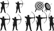 © MdShahin - Archery silhouettes, bow and arrow poses, target practice, sports training, competitive shooting, athlete stances, bullseye aim, vector illustration for stock content