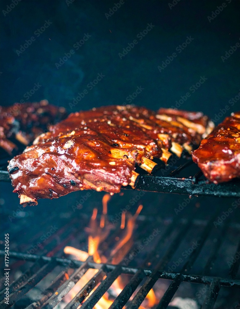 Over Cooked Grill Ribs Racks of barbecued ribs on a grill over a bed of hot coals. The ribs ...