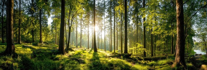  Sunlight streams through tall trees in a lush, vibrant green forest scene