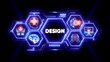 ©                  M.G - Neon Hexagon Network Design Concept with Icons Keywords: design, concept, technology, innovation