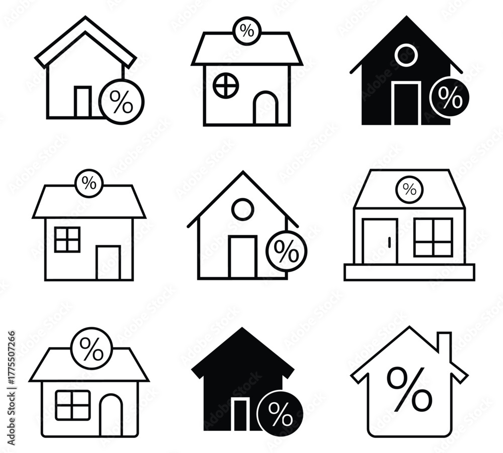 Interest Rates Risk Silhouette Set of mortgage rate icon set. Credit rating, mortgage, score ...