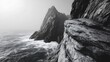 © ryan - Abstract black and white coastal cliff composition showing textured rock surfaces and minimal aesthetic, with large empty upper space for copy area or clean advertising background.